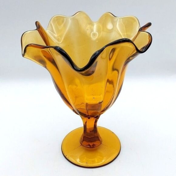 Vintage Viking Amber Pressed Glass Handkerchief Pedestal Compote Vase Candy Dish - Picture 1 of 9